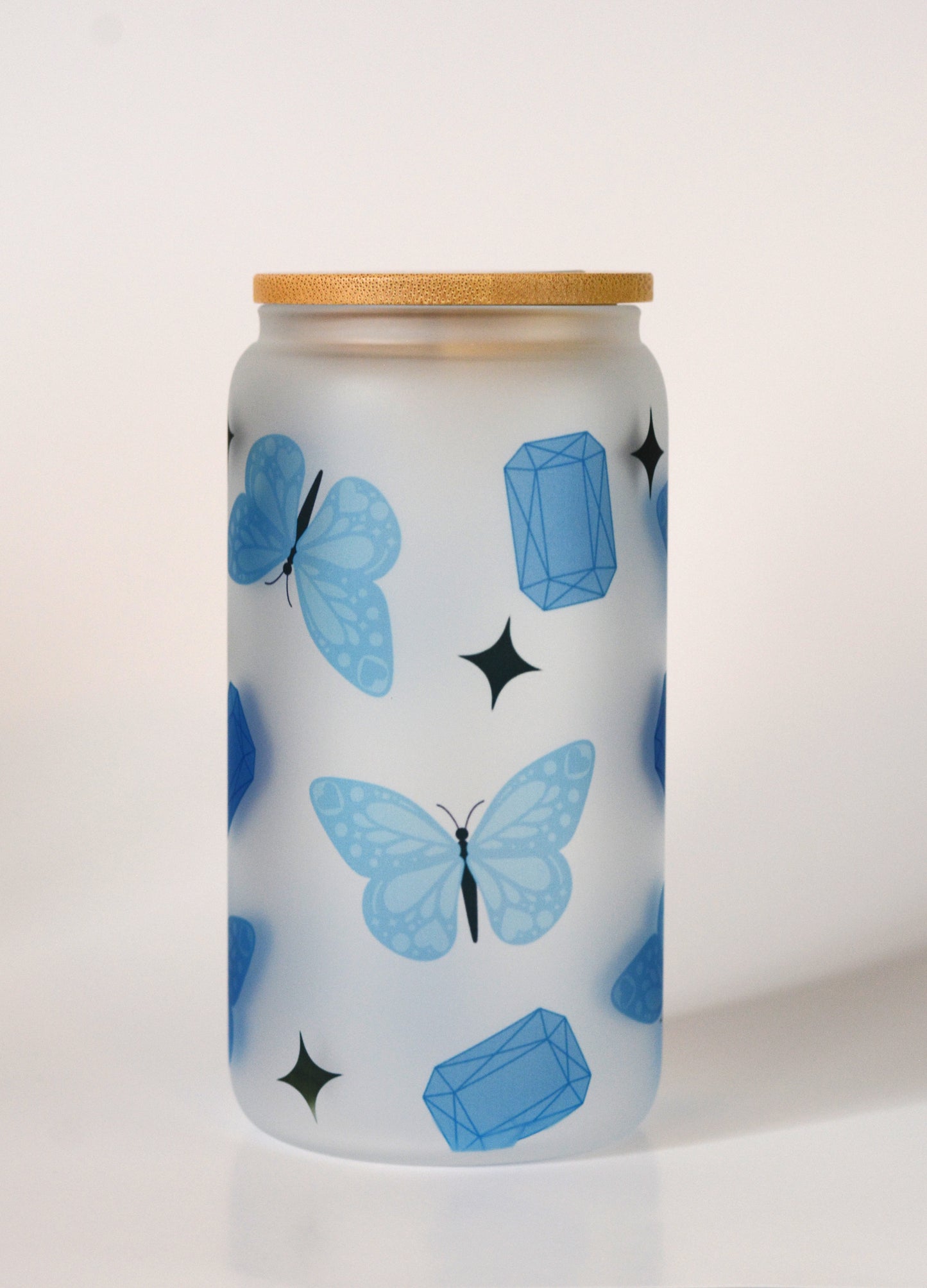 Blue Butterflies 16oz Frosted Glass Can