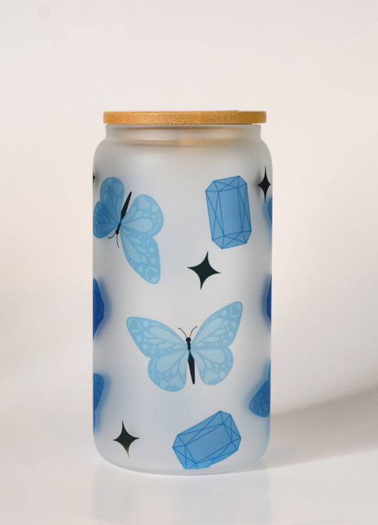 Blue Butterflies 16oz Frosted Glass Can