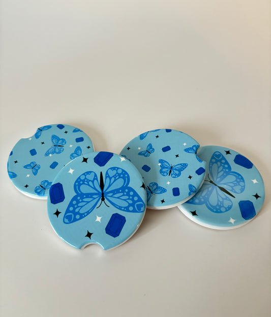 Blue Butterfly and Jewel Car Coasters