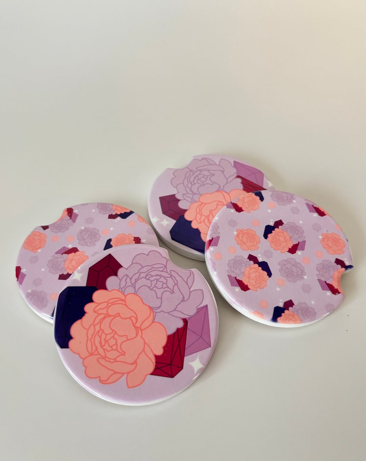 Pink/Purple Peonies and Jewels Car Coasters