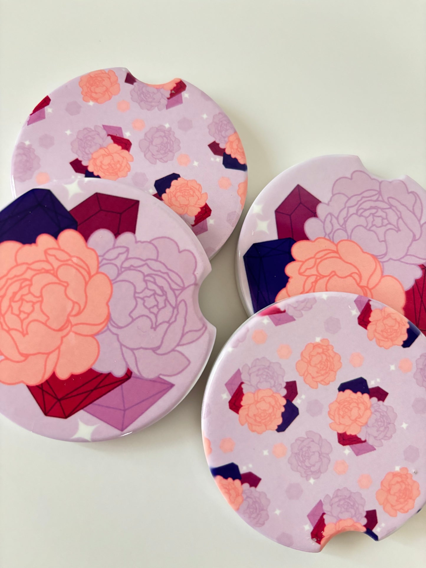 Pink/Purple Peonies and Jewels Car Coasters