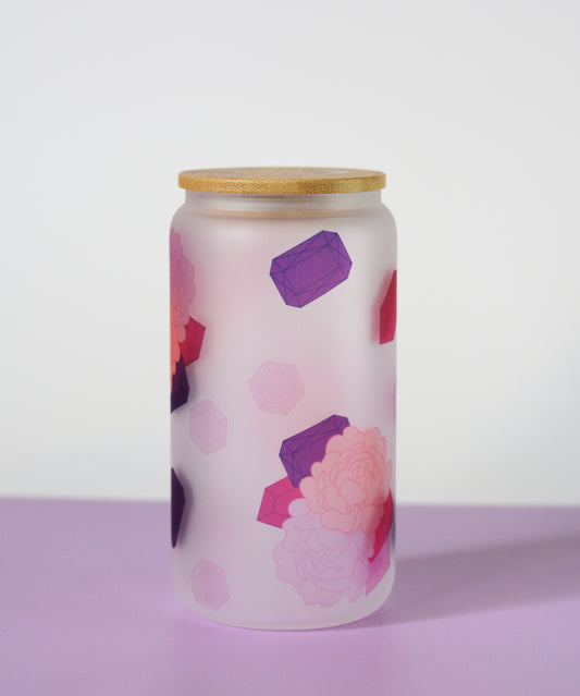 Pink/Purple Peonies  and Jewels 16oz Frosted Glass Can