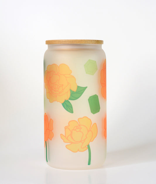 Peach Peonies and Jewels 16oz Frosted Glass Can